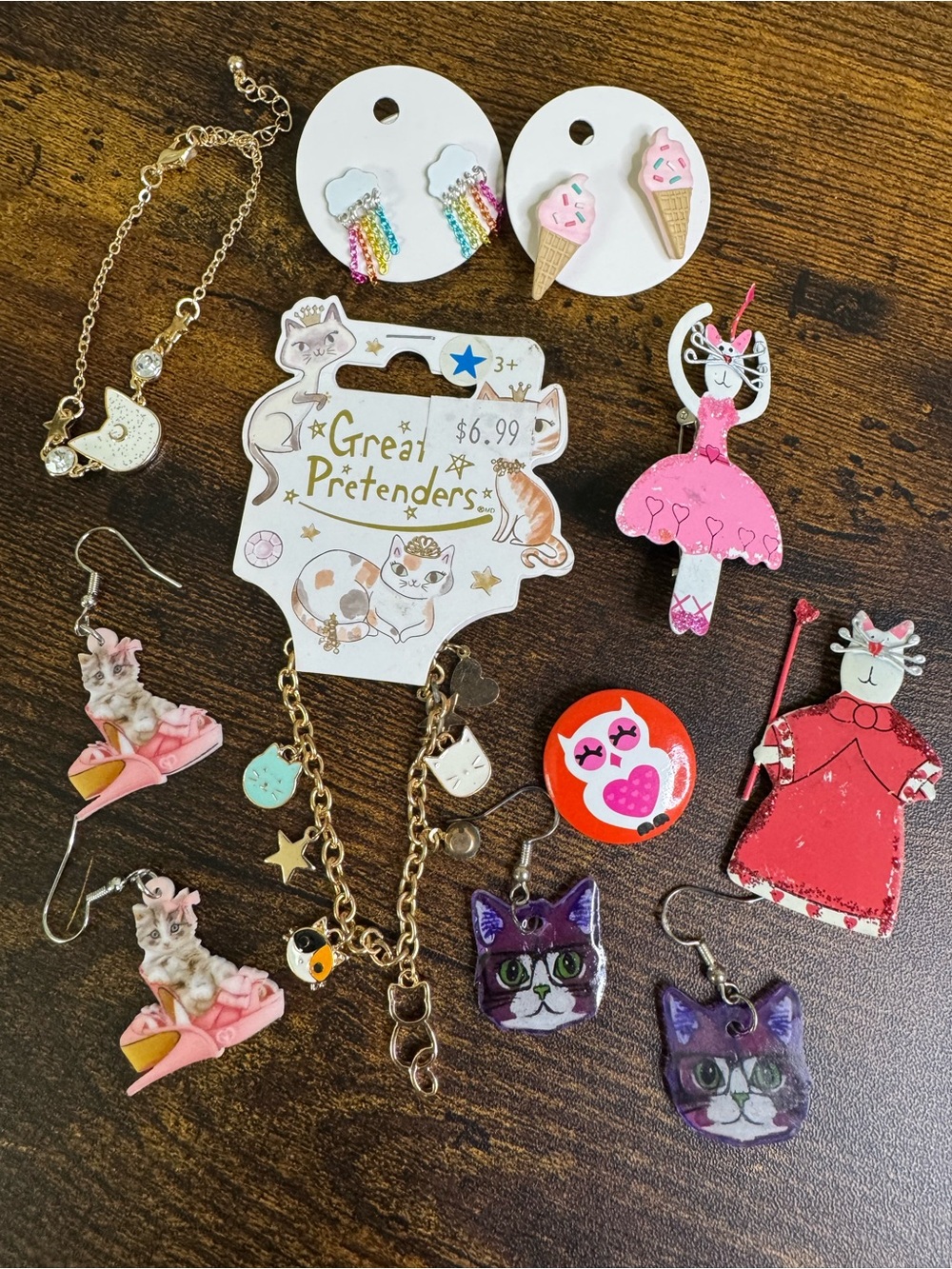 Girlie Jewelry Bundle Featuring Cats, Novelty Items - Pink, White & Gold